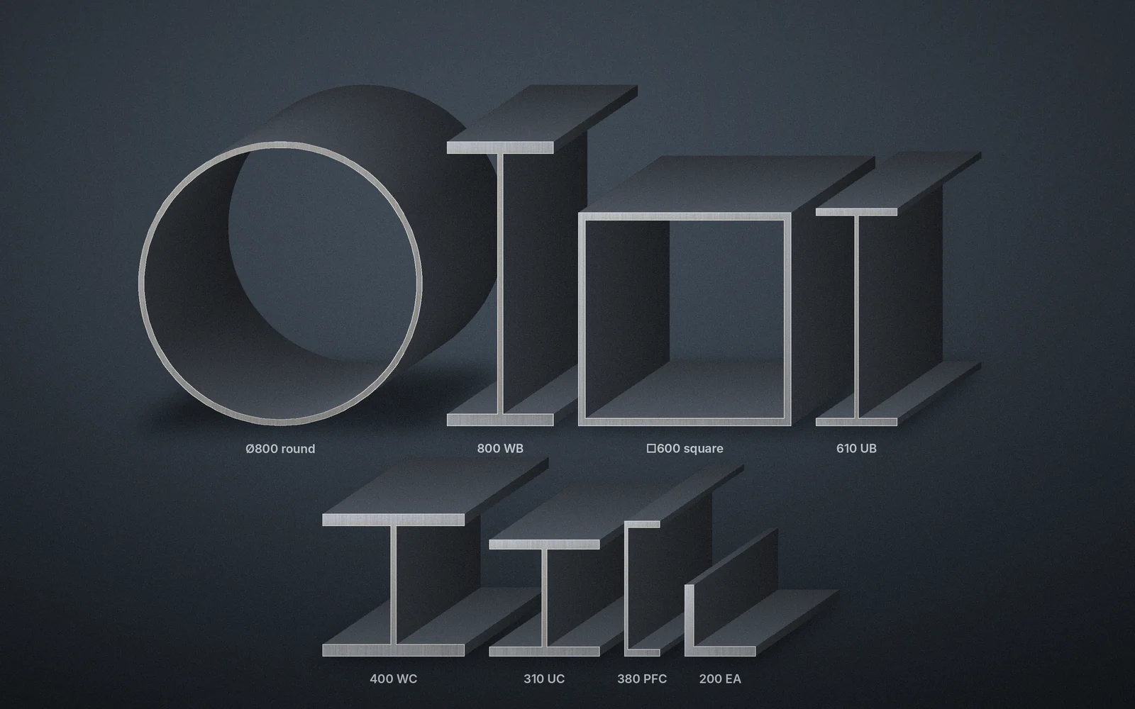 Rendered cut ends of heavy steel sections the QG800 handles, to one scale: Ø800 round, 800 WB, 600 square, 610 UB, 400 WC, 310 UC, 380 PFC, 200 EA
