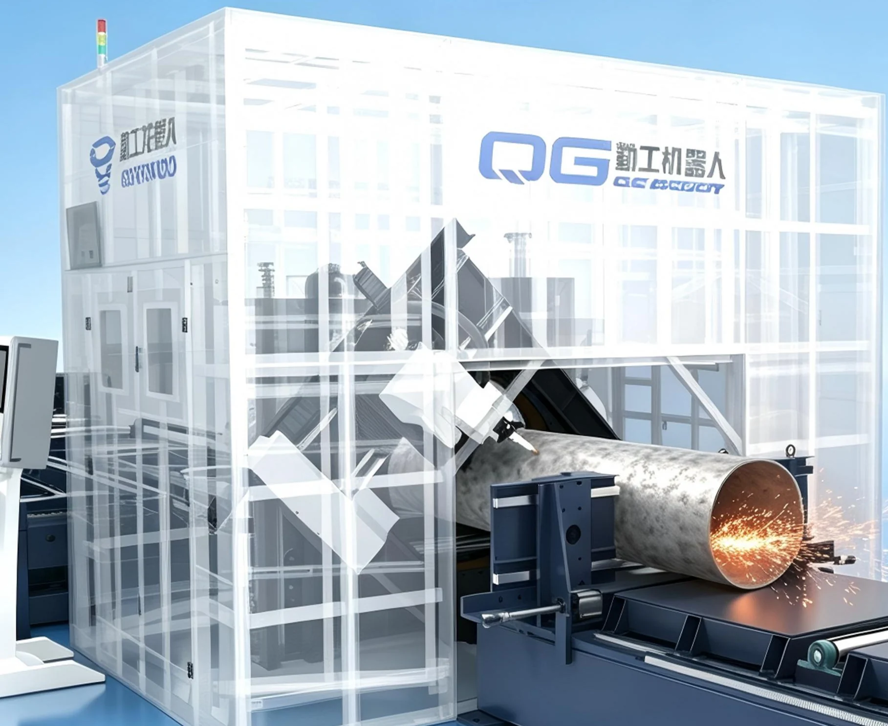 QG800 cutting a large steel tube inside its fully enclosed cell